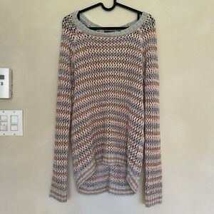 Dex Striped Crochet Knit Sweater Long Sleeve Boat Neck Light Pink Gray L